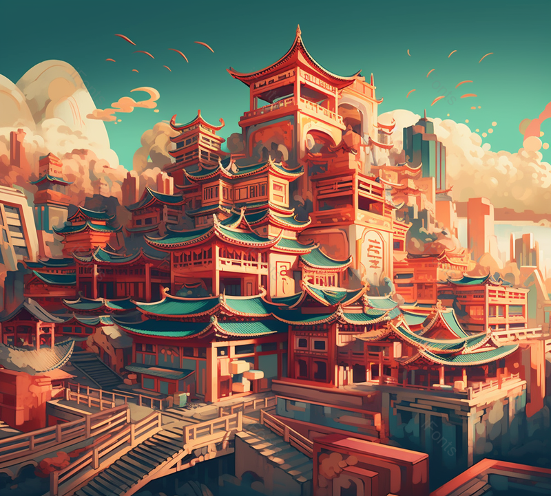 幻想未来城市国风古代繁华建筑傍晚祥云壮观新中式插画,插画/手绘图,插画/手绘图库,插画/手绘图下载,插画/手绘